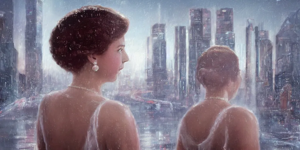 Prompt: ultra realistic painting of a young queen elizabeth ii in the 1 9 8 9 city of tacoma, wearing a wet white short dress, looking into the camera with a smirk while running in a cyberpunk city, art by ross draws, 4 k, ultra realistic, highly detailed, epic lighting