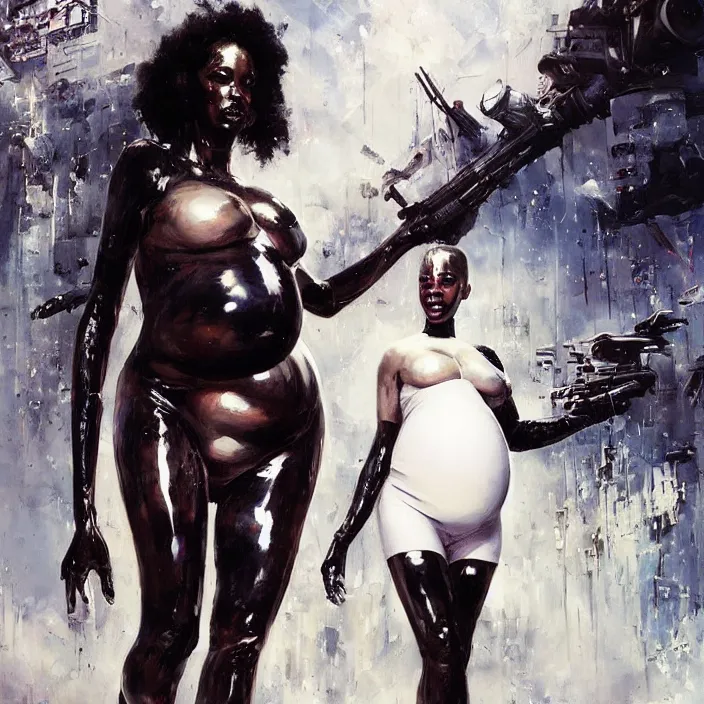 Image similar to pregnant african domme mistress, full body, black supremacy, rubber and latex, postapocalyptic, smooth white surroundings, future, high tech, concept art, realistic painting, digital art by john berkey, by takashi murakami