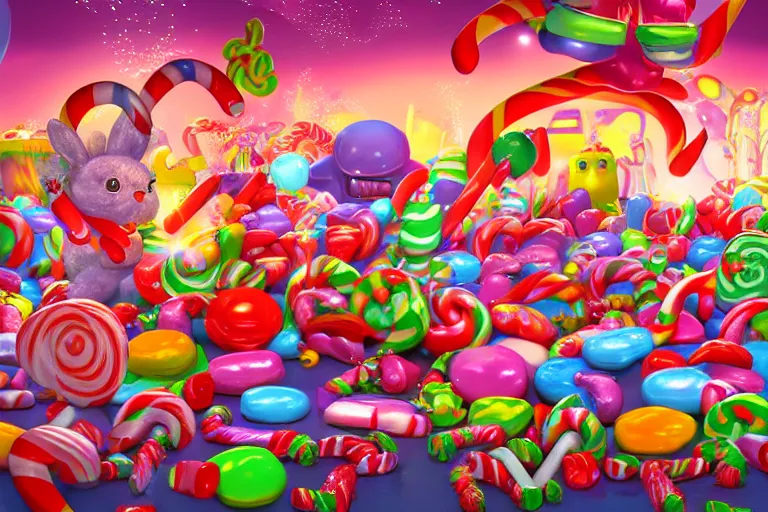 Prompt: an epic fantastic realism comic book style painting of an enchanted dreamland of cute candy critters, gumdrop bunnies, candy cane serpents and love, cinema 4 d, hd, dynamic lighting