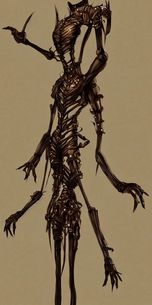 Image similar to 2d steampunk vertical tubeworm, game character design, long slender body, no appendages, striations, articulated joints, black background, intricate, trending on artstation