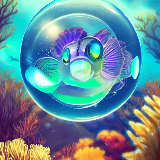 Image similar to large adorable bubble fish, underwater, magical ocean, bubbles, bioluminescent, artstation, illustration