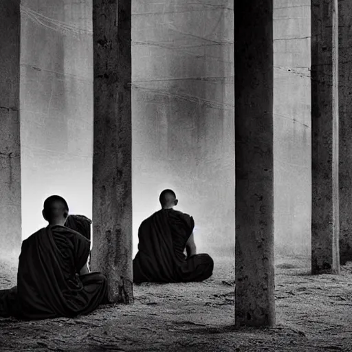 Prompt: 5 monks kneeling with wires coming out of the back of their heads connecting them to a computer, dark shadowy surroundings, dystopian scifi, horror, Stefan Koidl inspired