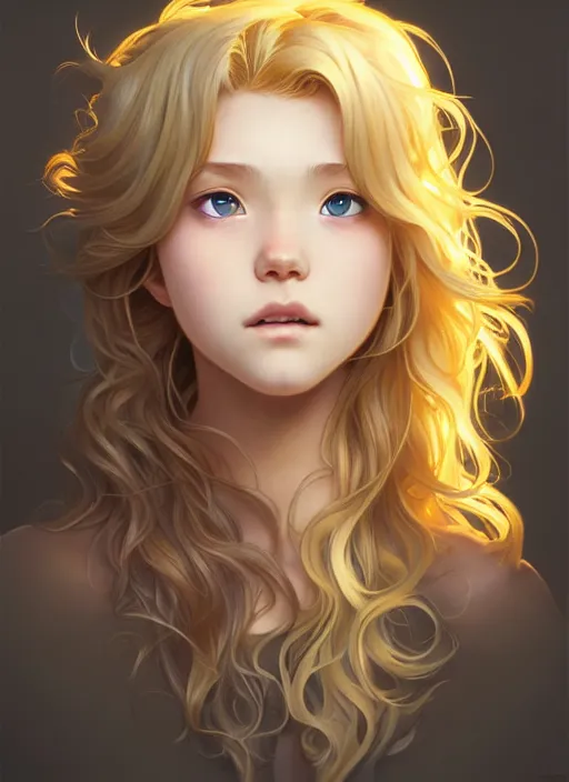 Prompt: teenager with medium - length, curly, golden hair, aquamarine eyes, natural lighting, path traced, highly detailed, high quality, cartoon, digital painting, by new haicheng and ross tran and studio ghibli and alphonse mucha