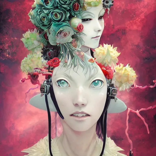 Image similar to surreal gouache painting, by yoshitaka amano, by ruan jia, by conrad roset, by good smile company, detailed anime 3 d render of a female mechanical android head with flowers growing out, portrait and white background, cgsociety, artstation, rococo mechanical costume and grand headpiece, dieselpunk atmosphere