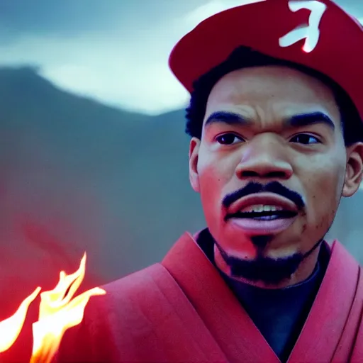 Image similar to cinematic film still of Chance The Rapper starring as a Samurai holding fire, Japanese CGI, VFX, 2022, 40mm lens, shallow depth of field, film photography