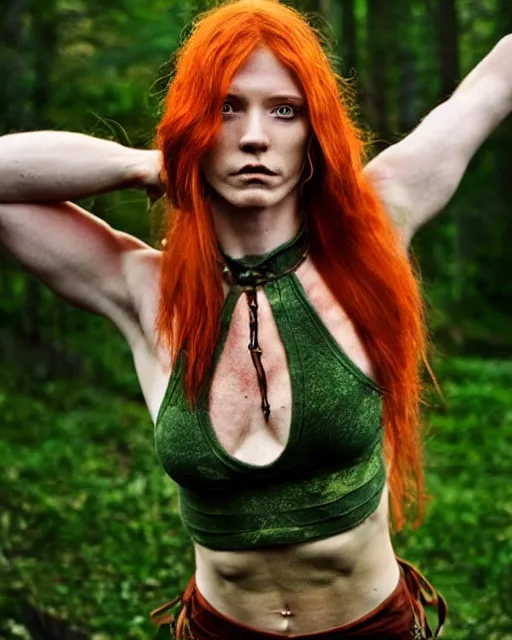 Prompt: muscular female druid, perfect face, thin antlers, green halter top, ginger hair, abs, cinematic, freckles, stunning, athletic, strong, agile, highly detailed, smooth, hard focus