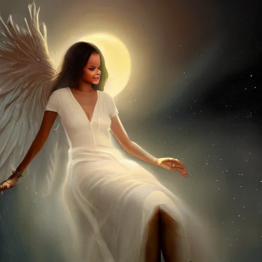 Image similar to a painting of rihanna like an angel, a young woman with long hair and a halo wearing a white top and beautiful dress, smiling in heaven, by jessica rossier