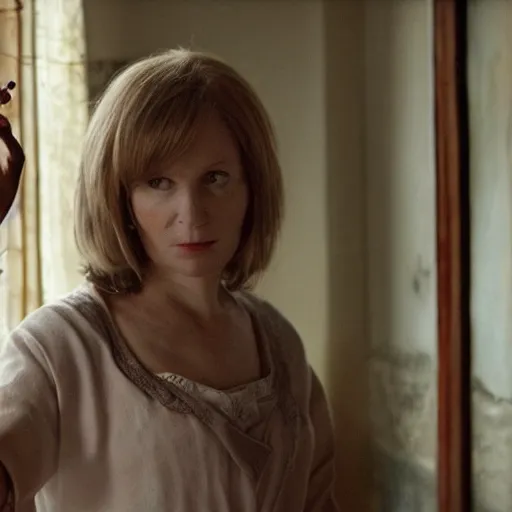 Prompt: scene from a 2 0 1 0 film set in 1 1 0 0 showing a woman standing next to a window