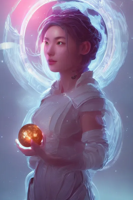 Image similar to space goddess portrait floating while holding a magical orb in her hand. sci fi, intricate artwork by Tooth Wu and wlop and beeple. octane render, trending on artstation, greg rutkowski very coherent symmetrical artwork. cinematic, hyper realism, high detail, octane render, 8k