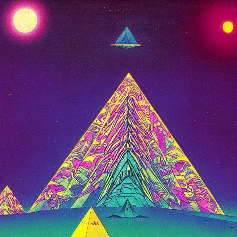 Prompt: mysterious ufo hovers over magical crystal pyramid, pink crescent moon, bright neon colors, highly detailed, cinematic, eyvind earle, tim white, philippe druillet, roger dean, ernst haeckel, lisa frank, aubrey beardsley
