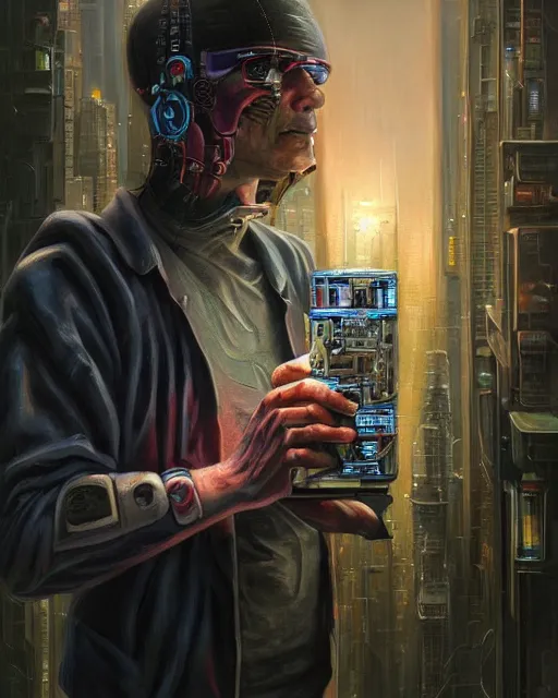 Image similar to a painting of a man holding a machine in his hands, cyberpunk art by jason edmiston and by michael komarck and by jarosław jasnikowski, cgsociety, neoplasticism, lovecraftian, future tech, circuitry