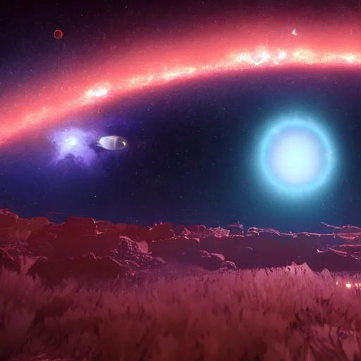 Prompt: The grand ending of an ominous era outside an exoplanet in space with a clear view of a spiral galaxy in splashes of red, purple and dark blue in unreal engine n- 4