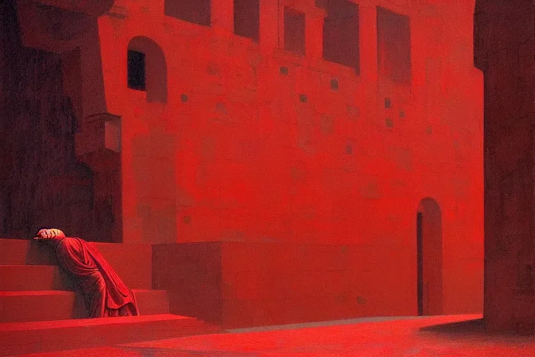 Image similar to only with red, a red melted emperor in an authoritarian position, taormina amphitheatre, crowd hails him, in the style of beksinski, parts by edward hopper, parts by rodcenko, parts by yue minjun, intricate and epic composition, red by caravaggio, insanely quality, highly detailed, masterpiece, red light, artstation, 4 k