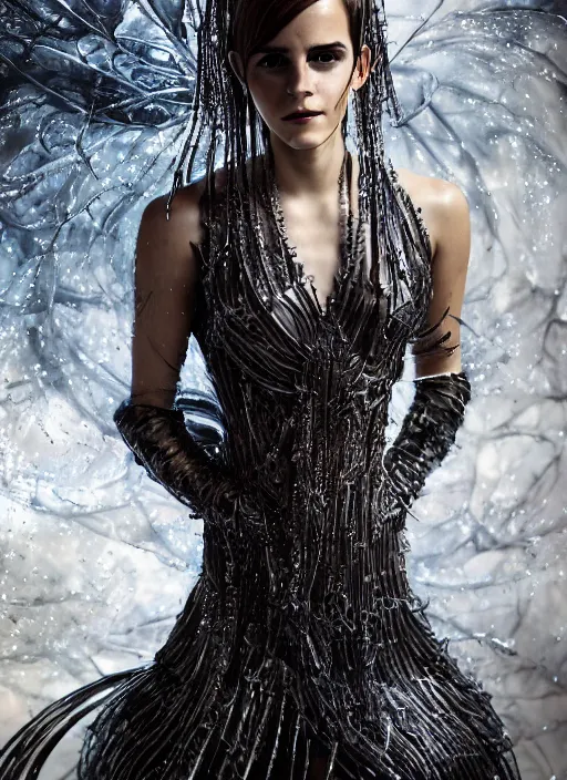 Image similar to expressive full body photo of emma watson, headpiece made from water, dress made of steel blades, glamour shot, by karol bak, stefan gesell, photorealistic, canon, fashion photography, hyper maximalist, elegant, ornate, luxury, elite, environmental portrait, symmetrical features, octane render, unreal engine, solid dark grey background, dramatic lights