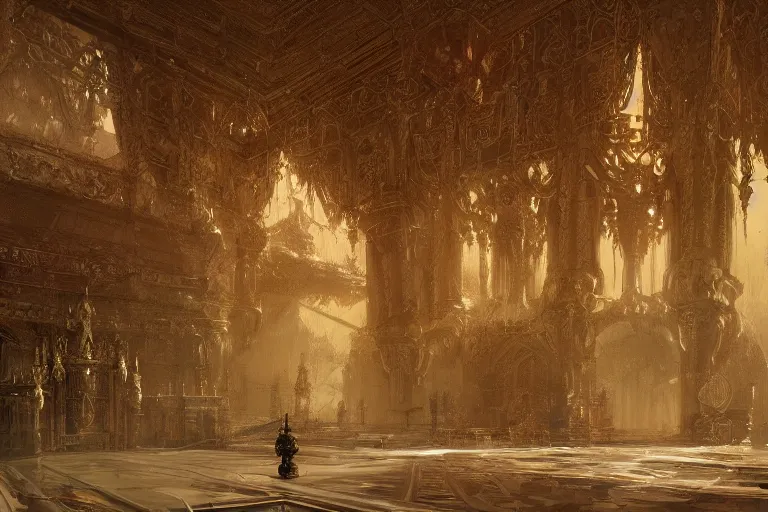 Prompt: close up view of a throne room interior, intricate, elegant, highly detailed, john park, craig mullins, sparth, ruan jia, jeffrey catherine jones