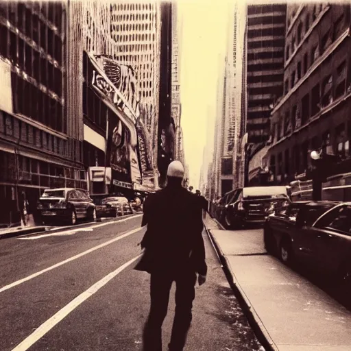 Prompt: An enderman walking the streets of new york, photography, polaroid