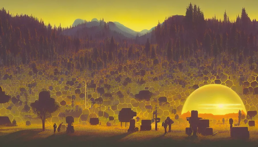 Prompt: hexagons between planet earth and the sun, simon stalenhag