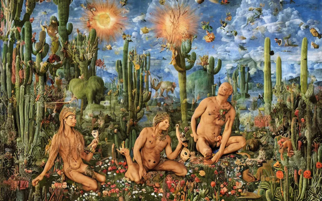 Prompt: photograph of a meditating centaur shaman and a striped werewolf feeding animals. surrounded by bulbous flowers, animals and a few trees and cacti. river delta with cliffs under a blue sky of burning stars. painted by jan van eyck, max ernst, ernst haeckel, ernst fuchs and artgerm. trending on artstation, trending on cgsociety