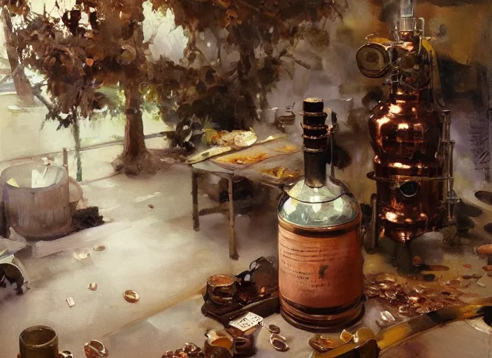 Prompt: oil painting of beautiful copper still, distillation, barley grains, plants and whiskey bottle, art by anders zorn, wonderful masterpiece by greg rutkowski, beautiful cinematic light, american romanticism by greg manchess, creation by tyler edlin