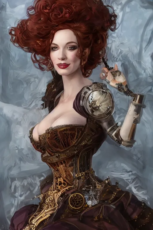 Image similar to three-quarters pose portrait of Christina Hendricks as a sensual Lady Mechanika, very beautiful young woman, ginger wavy hair, Victorian-era push-up underwire. Intricate, concept art, steampunk imagery themed, D&D!, fantasy style, sharp focus!, ultra detailed, art by Artgerm and Peter Andrew Jones, WLUP, Magali Villeneuve