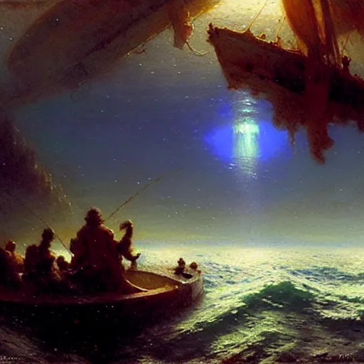 Image similar to point of view of deep in the ocean looking up, you see fishes, the milk way, night time, midnight, no sunlight. highly detailed painting by gaston bussiere, greg rutkowski 8 k