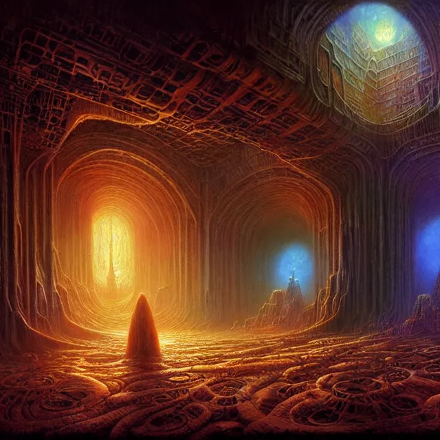 Image similar to epic professional digital art of a room of lost souls, master science fiction art by Bob Eggleton, best on artstation, breathtaking, epic, stunning, gorgeous, much detail, much wow, cgsociety, wlop, pixiv, behance, deviantart, masterpiece