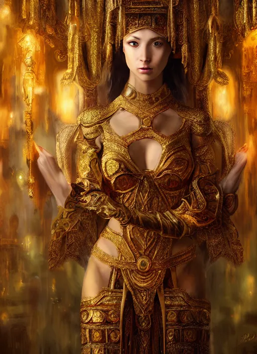 Image similar to soft focus oil painting on canvas of beautiful full body concept art, beautiful faced female priestess with shiny hair wearing full intricate clothing standing in a slimy temple, godray, intricate lighting, micro detail, cg society