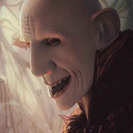 Prompt: nosferatu biggest popstar, closeup, d & d, fantasy, intricate, elegant, highly detailed, digital painting, artstation, sharp focus, fantasy art, illustration, 8 k, art by artgerm and greg rutkowski and alphonse mucha