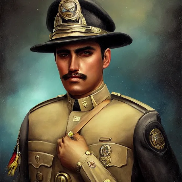 Prompt: portrait of a handsome mexican policeman, art by tom bagshaw and manuel sanjulian and franz xaver kosler