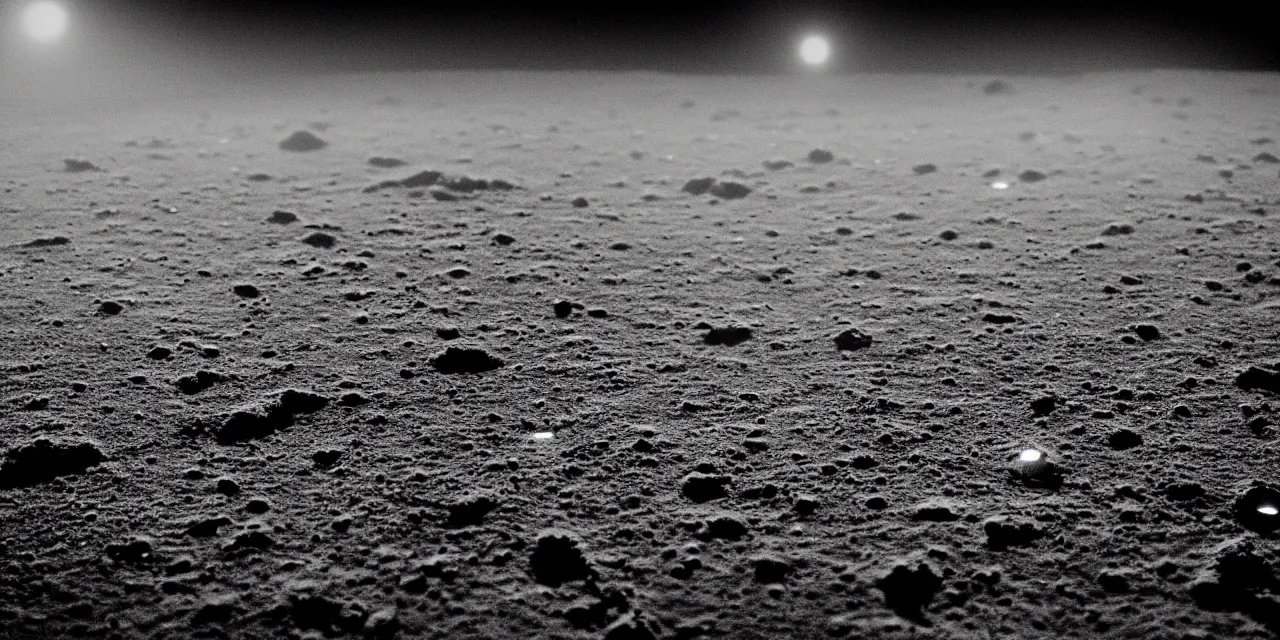 Image similar to closeup black and white photo from the surface of the moon, cinematic film still, glowing landing lights on spaceship landing on, stars and space in the background, fog and dust