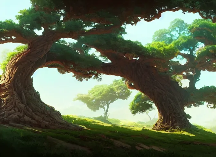 Image similar to concept art painting of a giant oak tree on a hill in a valley surrounded by forest, surrounded by mountains, realistic, by makoto shinkai and moebius and anton fadeev and greg rutkowski and james gurney
