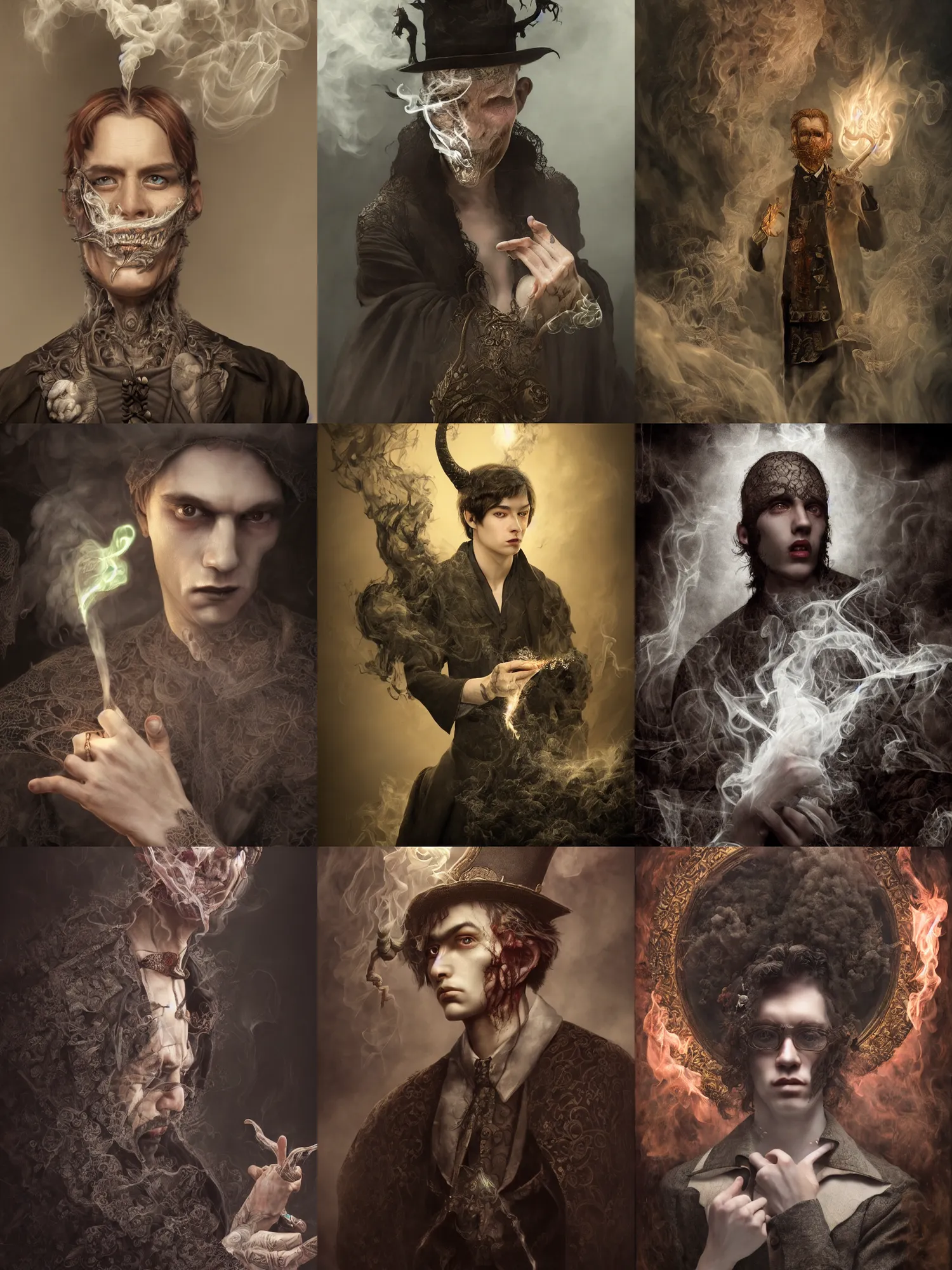 Prompt: a young man, evil wizard, victorian manor, hyperrealism, octane render, extremely detailed, intricate smoke magic, lace, style of mark ryden, earl nore, hyung tae, frank frazetta