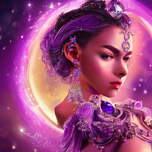 Image similar to ! dream portrait princess of amethyst, glowing, ornate and intricate purple jewelry, jaw dropping beauty, glowing background lighting, purple accent lighting, hyper detailed, fairy tale, 4 k octane render