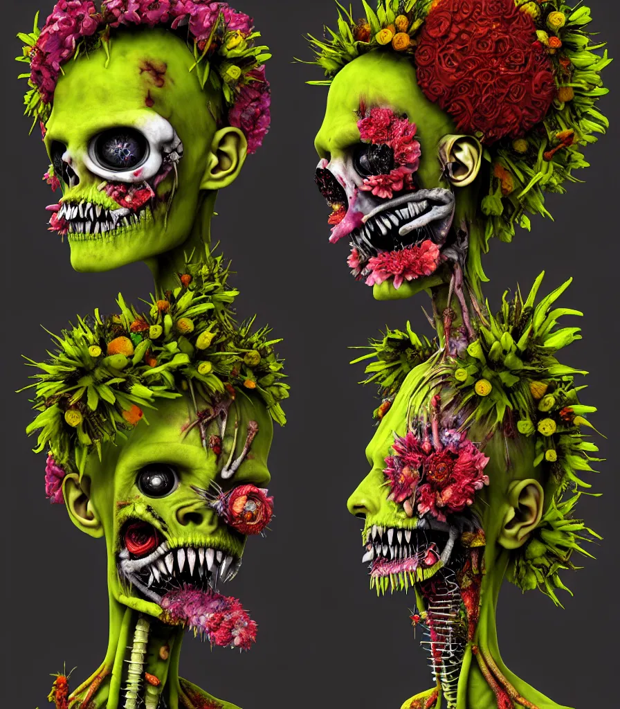 Prompt: portrait of a punk rock teenage zombie alien made out of flowers, fruit and insects in the style of arcimboldo and hieronymous bosch, baroque, surreal, high quality octane render, artstation, cartoonish, highly detailed