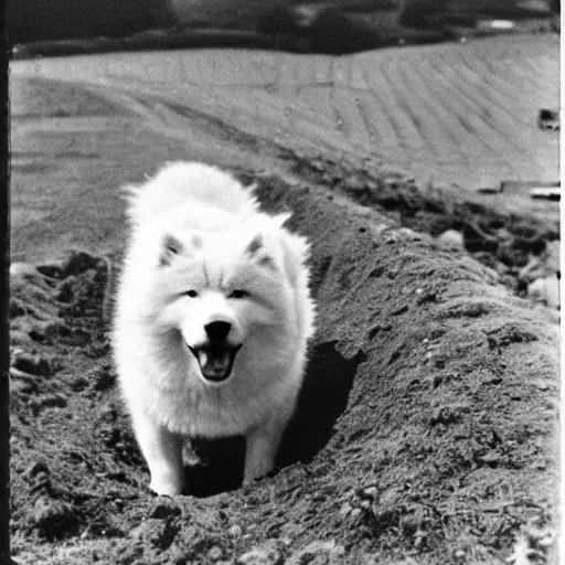 Image similar to a samoyed dog in a ww1 trench, grainy photo