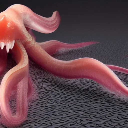 Image similar to hyperrealistic dslr film still of amorphous squid wearing dentures, stunning 8 k octane comprehensive 3 d render, inspired by istvan sandorfi & greg rutkowski & unreal engine, perfect symmetry, dim volumetric cinematic lighting, extremely hyper - detailed, extremely lifelike attributes & lifelike texture, intricate, masterpiece, artstation, stunning