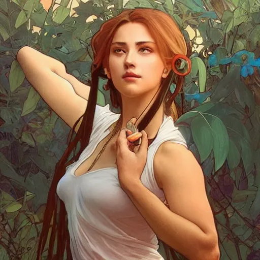 Image similar to painting ricardo milos. cheerful. happy. art by artgerm and greg rutkowski and alphonse mucha. during golden hour. extremely detailed. beautiful. 4 k. award winning.