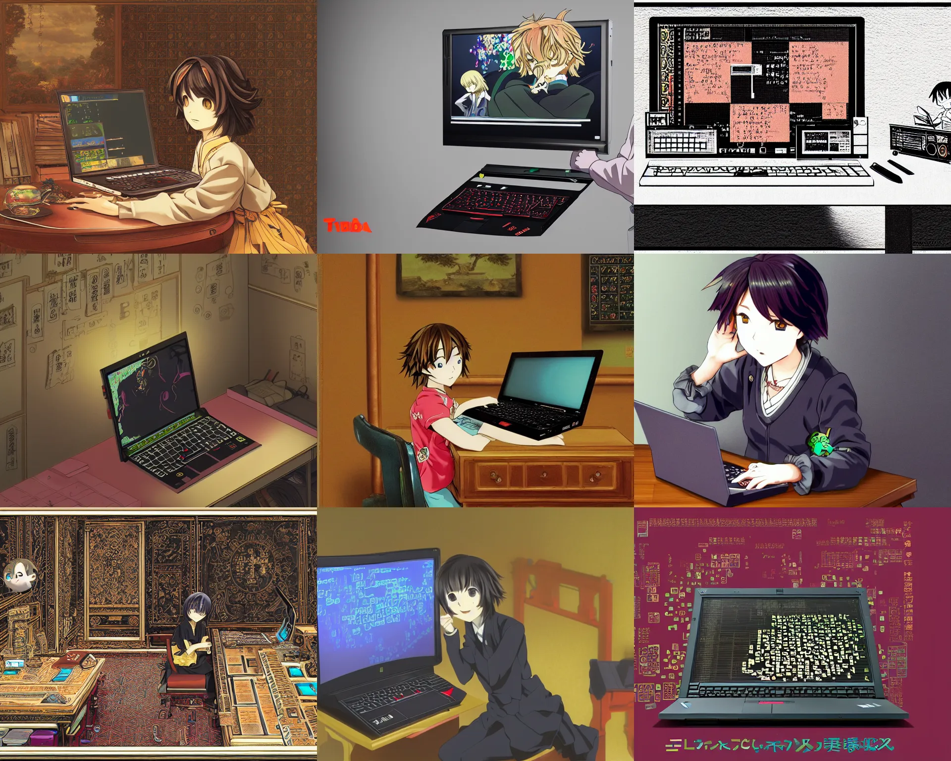 Prompt: chihiro fujisaki, thinkpad, coding time, room is rich, baroque, anime style writes code on a macintosh, 8 k