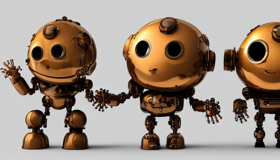 Image similar to two cute steampunk robots with human skin and large eyes smiling and waving, isolated on white background, 3D occlusion