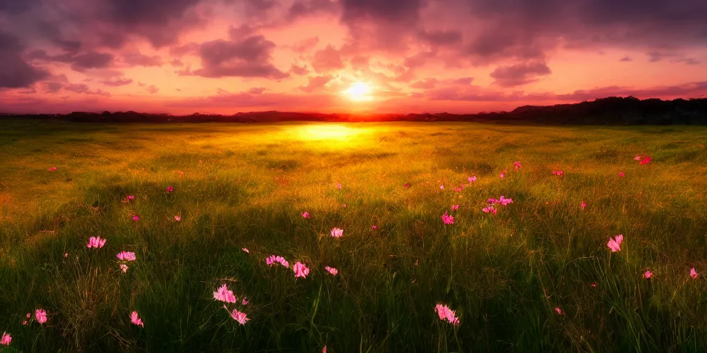 Prompt: beutiful brook and flowers on grassland, sunset, very wide view, atmospheric, hyper realistic, photography, 8k, epic composition, award winning, cinematic, unreal engine, artstation