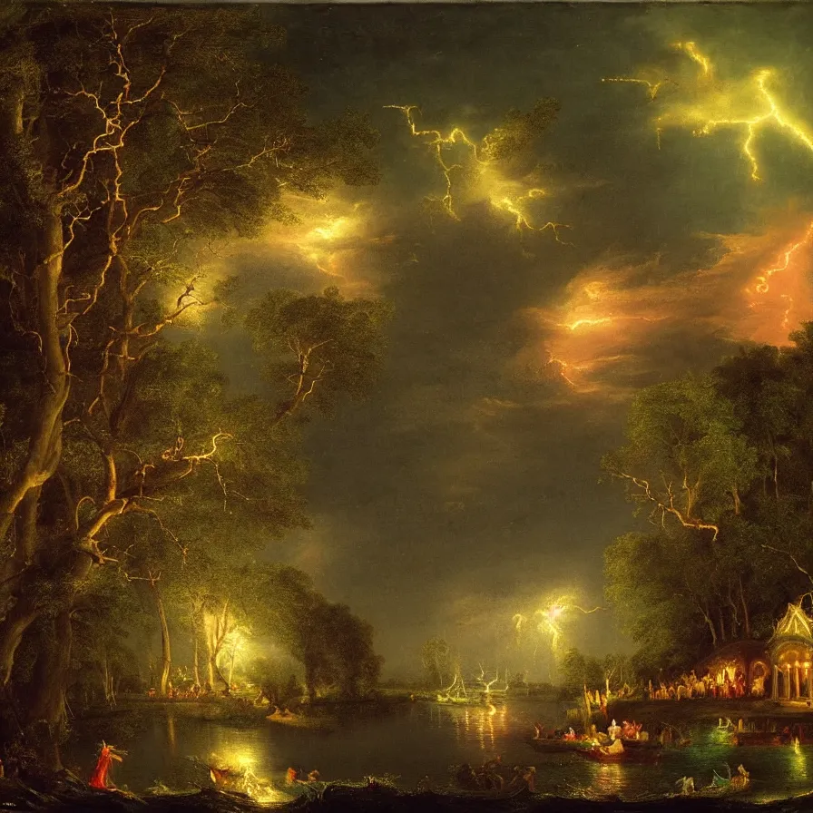 Image similar to a night carnival around a magical in a summer storm, tree cavity with a music scenario with many fireworks and christmas lights, next to a lake with iridiscent lake water, volumetric lightning, folklore people disguised with fantastic creatures in a magical forest by summer night, masterpiece painted by thomas cole, scene by dark night environment, refraction lights, five star stories