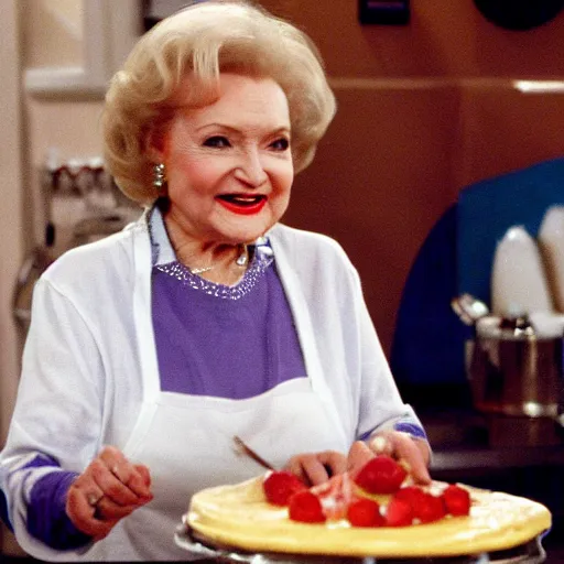 Image similar to betty white in golden girs ( tv ) eating cheesecake in the kitchen with her friends.