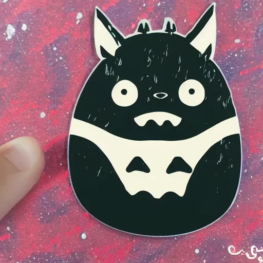 Image similar to die cut sticker, totoro with princess mononoke mask, splatter paint