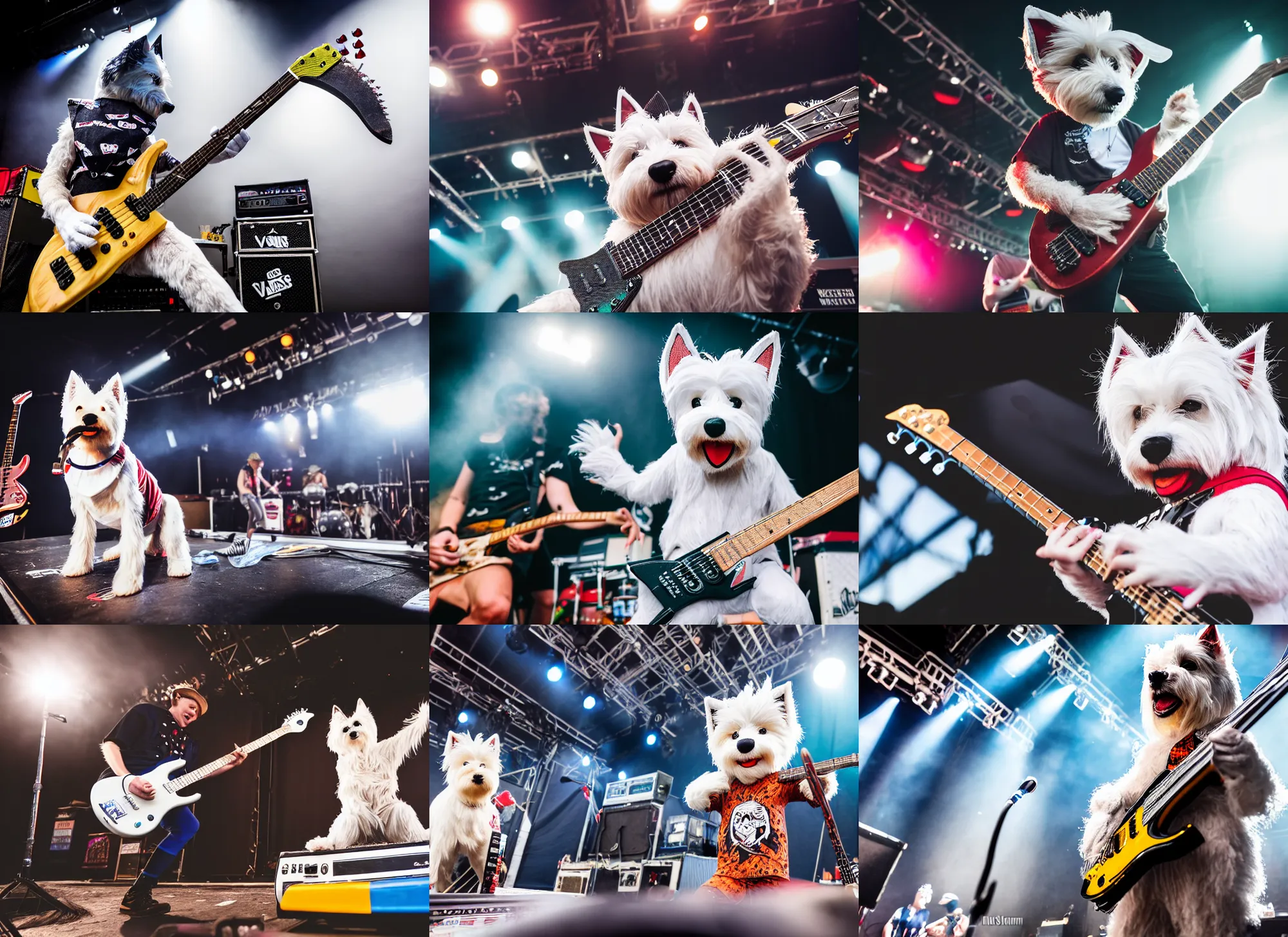 Prompt: photo still of an anthropomorphic westie on stage at vans warped tour!!!!!!! shredding an electric guitar on stage, 8 k, 8 5 mm f 1. 8, studio lighting, rim light, right side key light