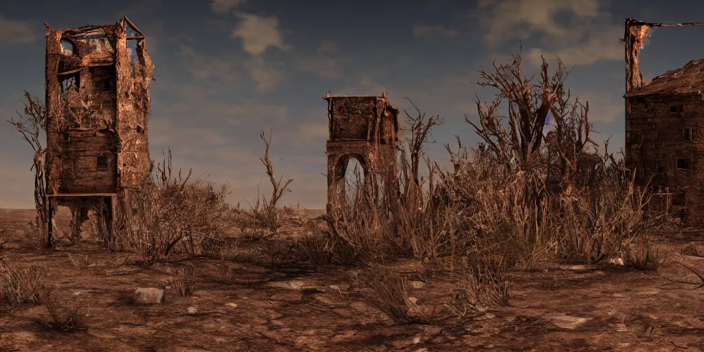 Prompt: an old decaying tower in the middle of a vast desert, fantasy, hyper realistic, atmospheric lighting, cinematic, 8k,