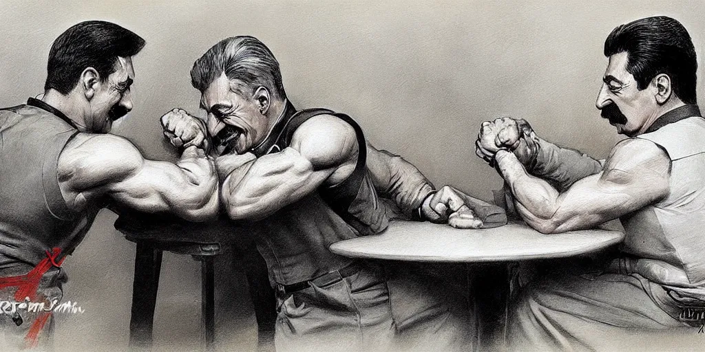Image similar to arm wrestling between vladimit putin and iosif stalin, hyperrealistic, digital concept art, caricature illustration, art by gaston bussiere