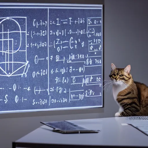 Prompt: A cat studying quantum physics, with a whiteboard with equations in the background