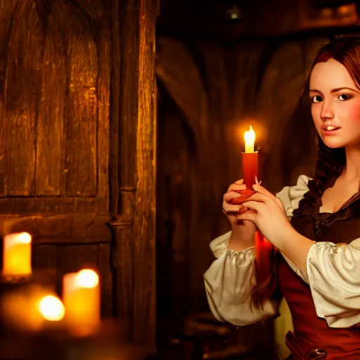 Prompt: young attractive beautiful bar maid in a medieval tavern at night with candles, wow 4 k detail fantasy, matte painting, realistic materials, photo realistic, postprocessing, cinematic, hyperrealistic, studio lighting, photography by richard jenkins