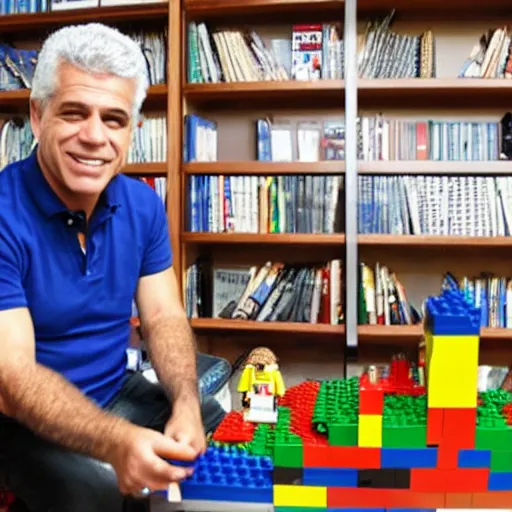 Image similar to Yair Lapid playing with legos in his office, detailed