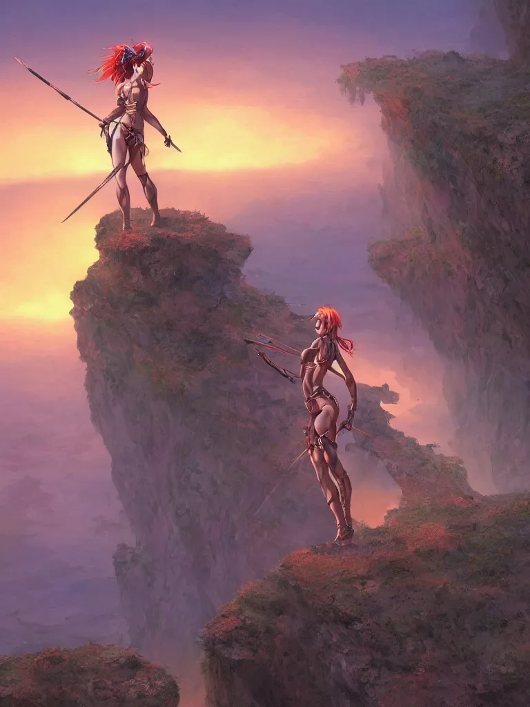 Prompt: an pretty warrior woman stands on a cliff during a sunrise, artistic composition, art style of hajime sorayama, cinematic, highly detailed, sharp focus, intricate concept art, digital painting, colorful flat surreal design, hd, 8 k, artstation, ambient lighting